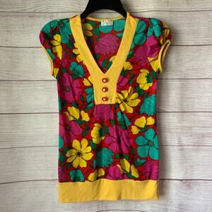 Logos U.S.A. Colorful Floral Fitted Blouse Cap Sleeves Flower Buttons Vintage